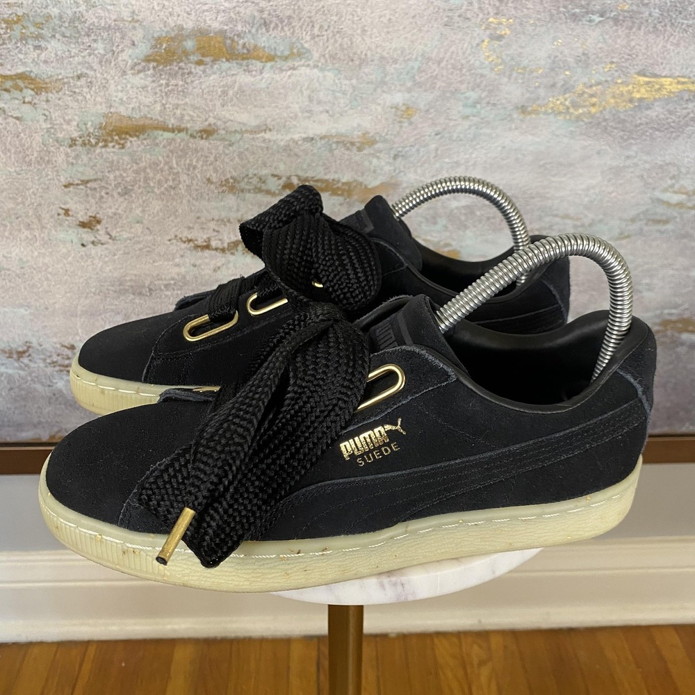 PUMA Suede Shoes Womens Size 8 Black Leather Wide Lace Low Top Sneakers